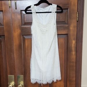 BeBe White Sleeveless Lace and Fringe Dress
